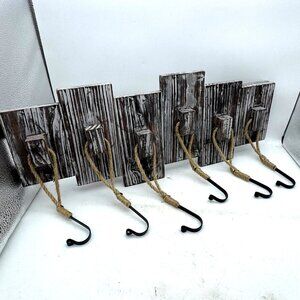 Rustic Farmhouse Wall Hook Rack Distressed Wood w Rope & Metal Hooks Farmhouse